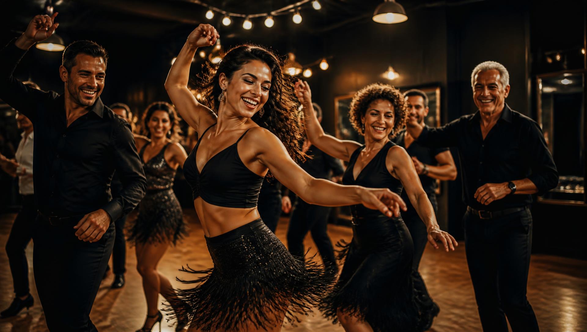 Students laughing and dancing salsa under warm golden lights at Dennis PaSamba Dance Company in Chicago