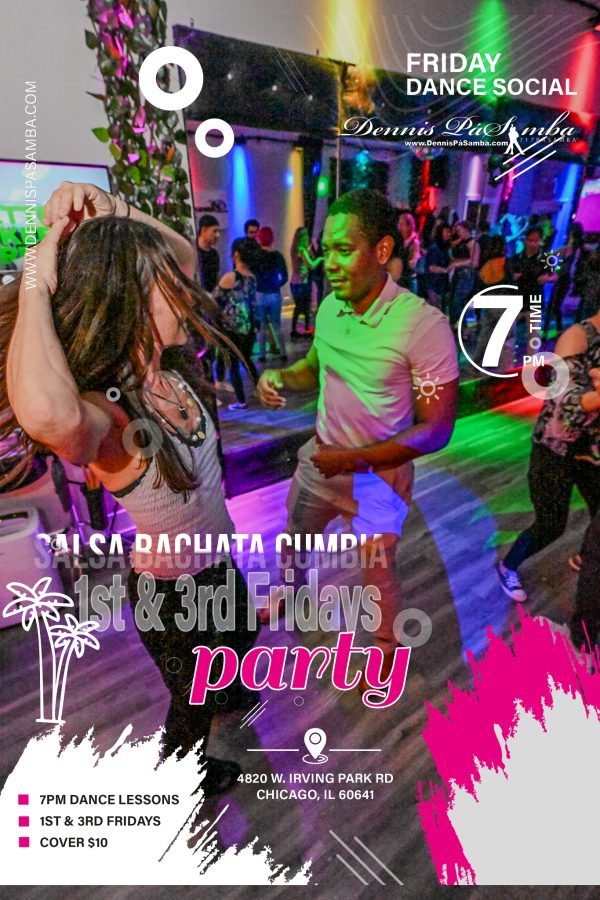 Salsa, Bachata, and Cumbia dancers at Dennis Pasamba Dance Company’s social event in Chicago, IL, at 4820 West Irving Park Rd., during a Friday night lesson at 7:00 PM or social dancing at 8:30 PM.