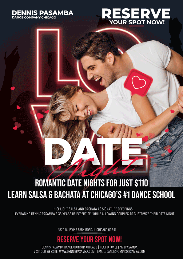 Plan a date night you’ll never forget! For just $110, you and your partner can learn salsa, bachata, or anything you love at Dennis PaSamba Dance Company, Chicago’s #1 dance school in the heart of Six Corners (4820 W. Irving Park Road, Chicago, IL 60641). Enjoy a romantic, hands-on experience with expert instructors, a single rose for your loved one, a glass of wine for both, a cozy atmosphere, and a flexible schedule to fit your busy schedule. Book now at www.dennispasamba.com or text/call 717-727-2622 for a night of fun, connection, and new skills! Cancel within 24 hours for a full refund. #RomanticChicago #ChicagoDance #DennisPaSambaDateNight #DateNightChicago #ChicagoCouples #SixCornersLove #BachataVibes #SalsaRomance #ChicagoDateNight