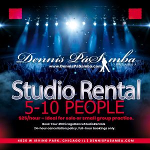 Rent a Chicago dance studio at Dennis PaSamba Dance Company (4820 W. Irving Park Rd, Chicago, IL 60641) for your dance rehearsals! Our spacious studio with high ceilings, mirrors, sound system, and ample parking is perfect for #ChicagoDanceStudioRentals. With 33+ years of experience and 500+ five-star reviews, we’re Chicago’s top choice for dancers, choreographers, and groups.