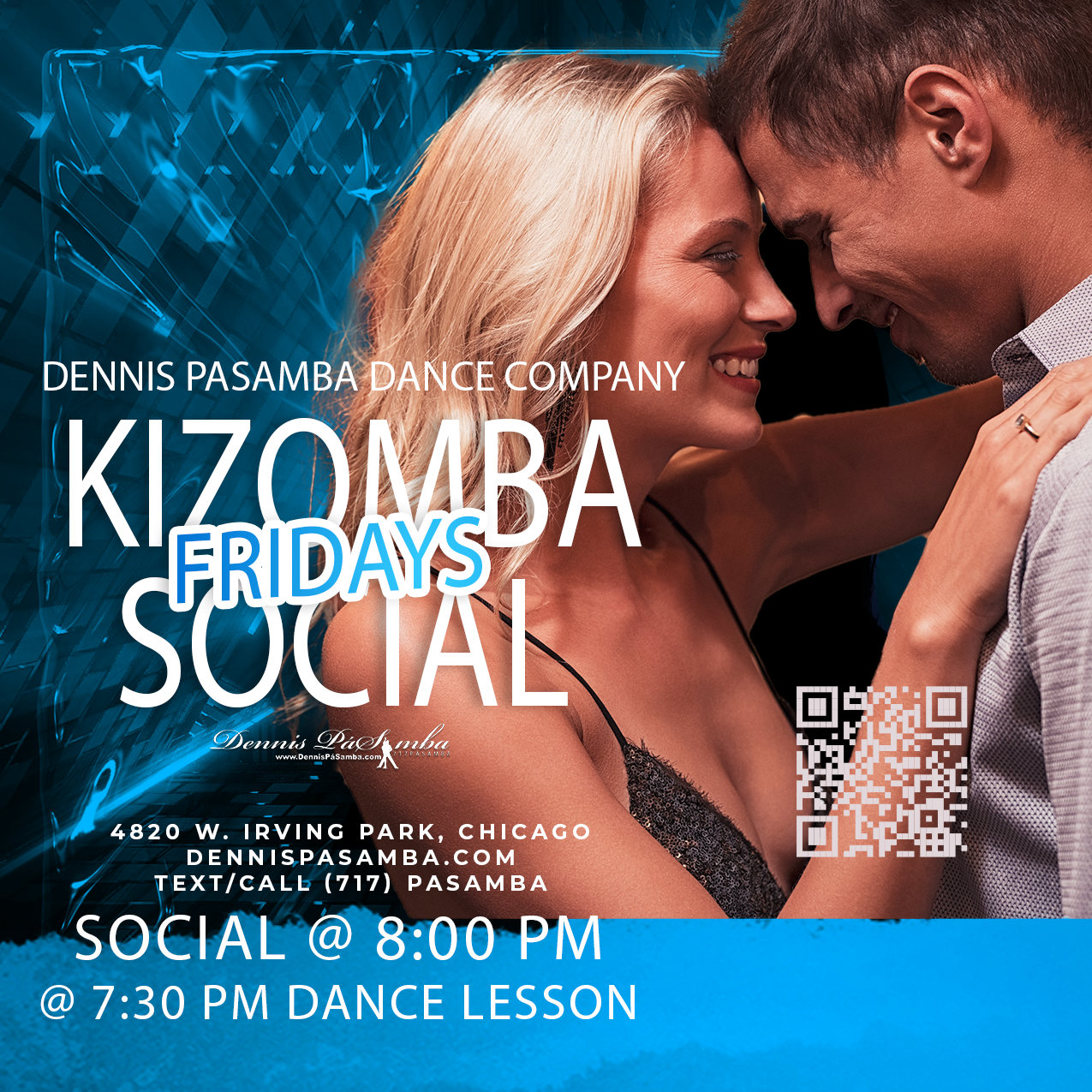 Close-up of smiling dancers in a sensual Kizomba embrace under warm, dim studio lights. Couples flowing smoothly to the beat, cozy and intimate atmosphere, friendly crowd at Dennis PaSamba Dance Company in Chicago. Perfect vibe for connection and great music.