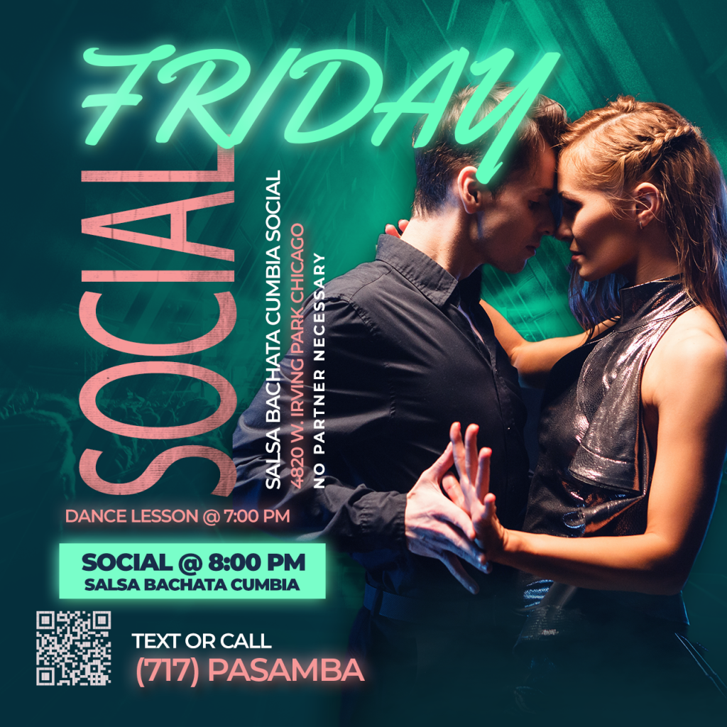 Vibrant Latin dance floor filled with smiling dancers doing salsa, bachata, and cumbia under colorful lights. Couples and solo dancers spinning and laughing, beginner lesson in progress, energetic and welcoming atmosphere at PáSamba Dance Studio in Chicago.